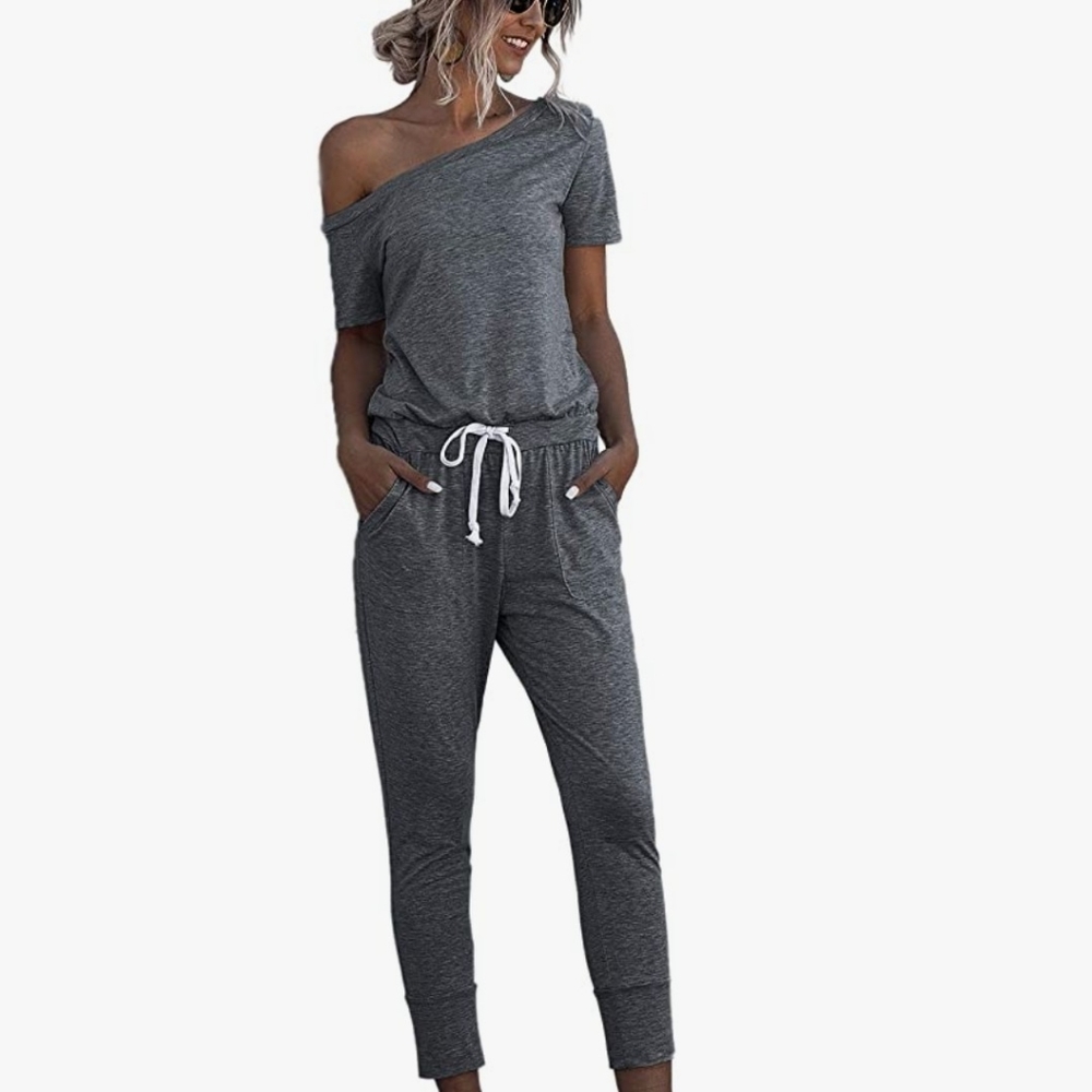 Florens dark gray one piece jumpsuit with a tie waist off shoulder size large